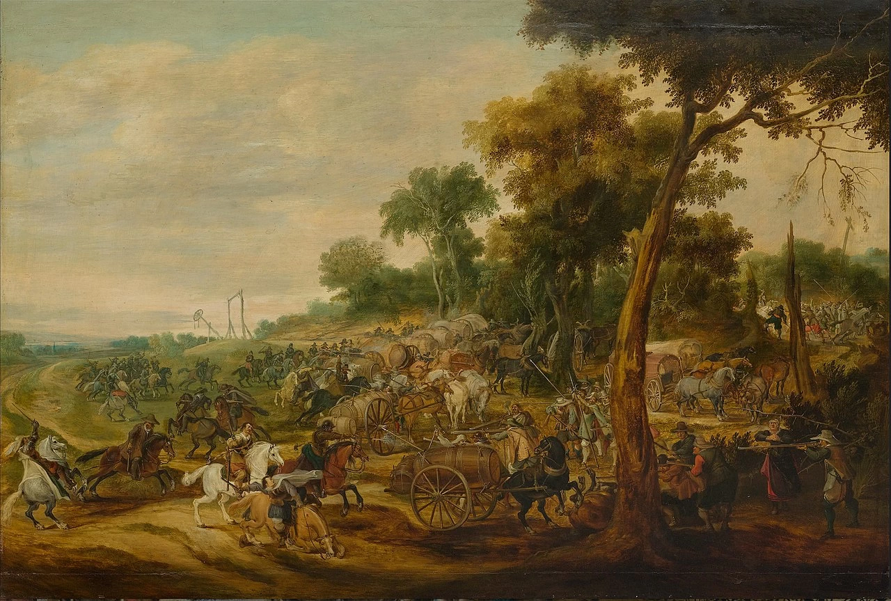 Ampio paesaggio con battaglia equestre
